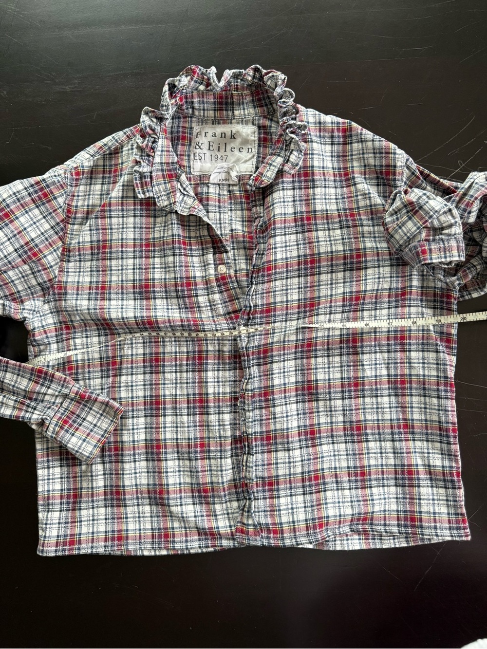 One of a kind up cycle shirt with ruffle collar